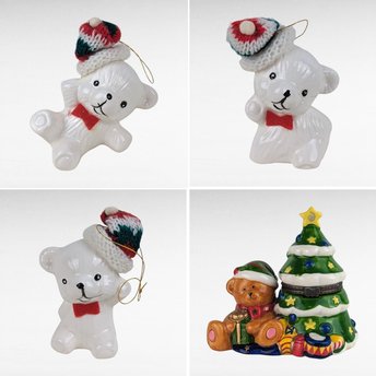 Vintage Christmas Bear Ornament Set & Teddy Bear Trinket Box, Ceramic Holiday Decor, Collectible Bear Figurines