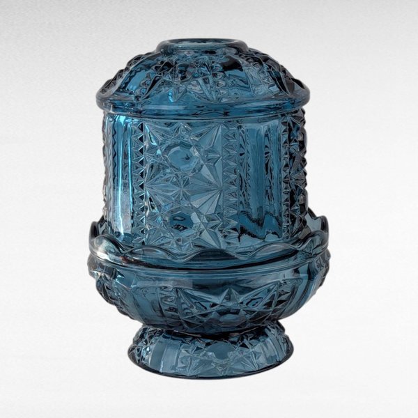 Vintage Blue Indiana Glass Fairy Lamp, 2 Piece, Stars & Bars Pattern, Collectible Glassware, Candle Holder