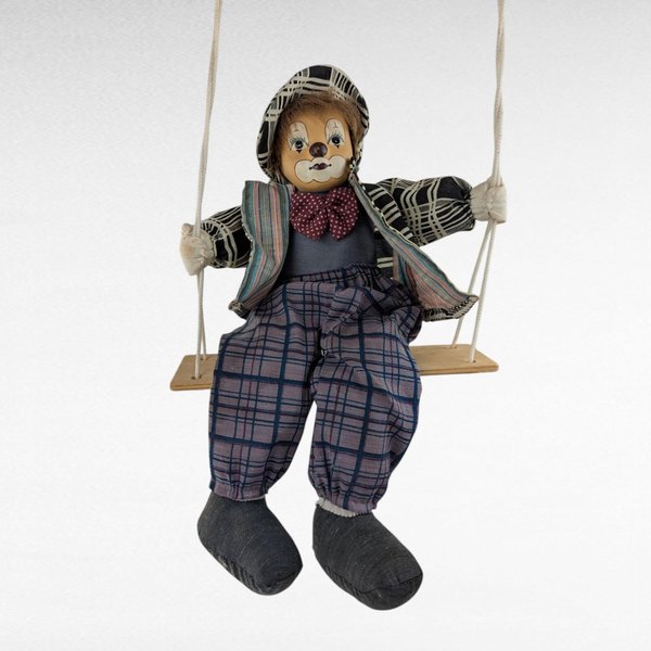 Vintage Plaid Clown on Swing, 25" Hanging Doll, Colorful Clown Decor, Whimsical Clown Gift