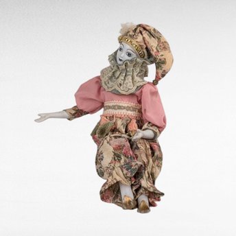 Vintage Harlequin Musical Doll, Porcelain, Floral Costume, 15.5 Inches, Collectible Doll, Working Music Box
