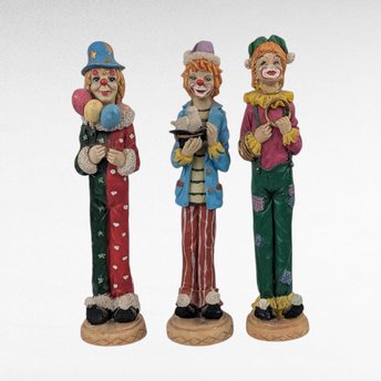 Vintage Resin Clown Figurines, Set of 3, 5.75 Inch Height, Whimsical Clown Decor, Collectible Clown Statues, Gift for Clown Enthusiasts