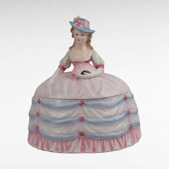 Vintage Andrea Lady Powder Box Pink Dress Ceramic Victorian Style Figurine Vanity Decor Gift for Her