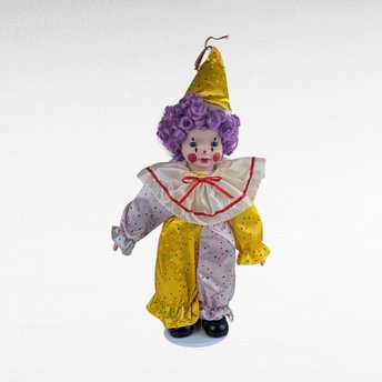 Vintage Porcelain Clown Doll, Purple Hair, Soft Expressions, Collectible, Display Decor