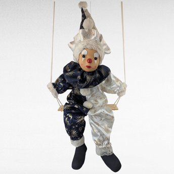 Vintage Porcelain Clown Doll, Swinging, Blue White, Celestial Decor, Collectible