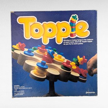 Complete 1984 Pressman Topple Game: Vintage Stacking & Balance Challenge, All Pieces, Instructions on Box