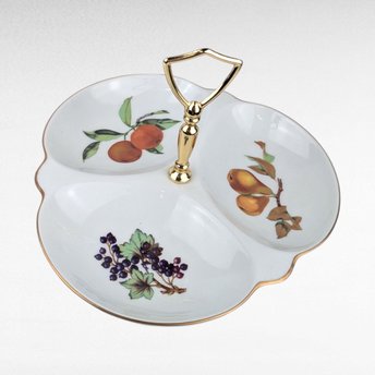 Vintage 1961 Royal Worcester Evesham Gold 3 Part Relish Dish, 9.5 Inch Divided Serving Dish with Center Handle, Fine Bone China