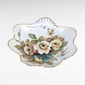 Vintage Ucagco Ceramic Trinket Dish, 1950s Hand Painted Rose Dresser Tray, Floral Vanity Dish with Gold Trim, Mid Century Catchall
