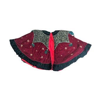 Vintage Handmade Burgundy and Green Velvet Shawl with Eyelet Clasps, One-Size, Warm, Festive