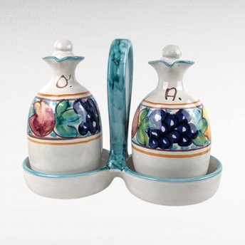 Vintage Italian Pottery Cruet Set, Hand Painted Oil and Vinegar Bottles with Caddy, Tuscan Kitchen Decor, Made in Italy