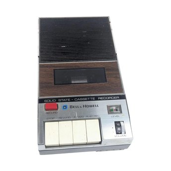 Vintage Bell & Howell Cassette Recorder Player, 1970s Solid State Portable Audio with Woodgrain Finish, Film and Stage Prop