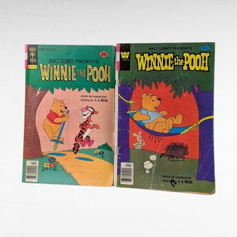 Vintage Winnie the Pooh Comics Lot of 2, 1970s Walt Disney Issue #5 and #12, Gold Key and Whitman Comic Book Set, A. A. Milne CharactersVintage Winnie the Pooh Comics Lot of 2, 1970s Walt Disney Issue #5 and #12, Gold Key and Whitman Comic Book Set, A. A. Milne Characters