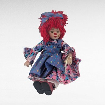 Vintage Porcelain Clown Doll, 9" Sitting Jester with Red Yarn Hair, Collectible Shelf Sitter Doll in Floral Star Dress