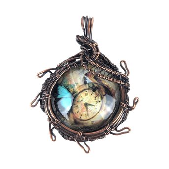 Handcrafted Copper Wire Wrapped Pendant | Clock Collage | Picture Cabochon | Earth Tones | Unique Gift | Vintage Style