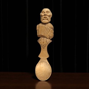 1999 Koctpoma Hand Carved Wooden Spoon, Russian Folk Art, Musician Spoon, Accordion Player, Collectible Spoon, Kitchen Decor