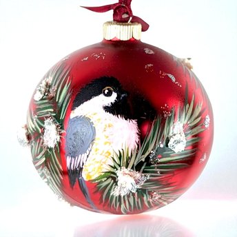 Vintage Hand Painted Chickadee Christmas Ornament, Red Glass Ornament, Winter Bird Ornament, Nature Lover Gift, Holiday Decor