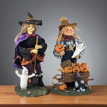 Vintage 13" Fabric Mache Scarecrow and Witch Figurines | Halloween Decor | Fall Decor | Collectible Figurines