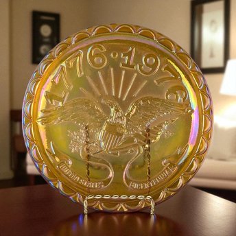 Vintage Indiana Glass Carnival Plate, US Centennial, American Eagle, Iridescent Glass, Collectible Plate, Patriotic Decor