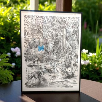 1998 Detailed Nature Drawing Print, Black Metal Frame, Vintage Wildlife Art, Gift for Nature Lover, Home Decor