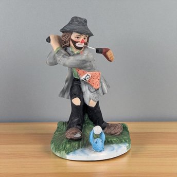 Vintage Flambro Emmett Kelly Jr. Hobo Clown Golf Figurine, Swinging Golf Club, Collectible Clown, Gift for Golfer, 5 Inches, Circus Theme