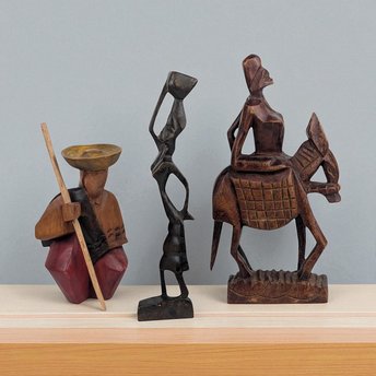 Vintage Hand Carved Wooden Figurines, Tribal Art Decor, African Woman on Horse, Man with Pole, Collectible Wood Carvings