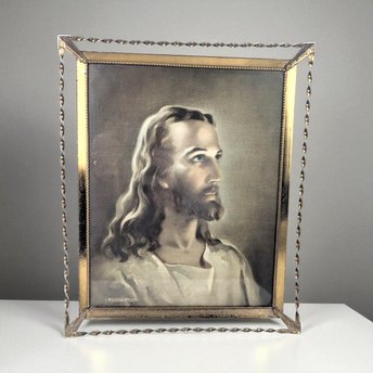 Vintage Head of Christ Print - Kriebel and Bates Religious Art - Distressed Metal Frame - Spiritual Home Decor - Gift for Devout