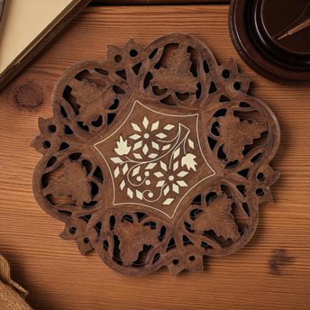 Vintage Indian Wooden Trivet, Carved Floral Design, 8 Inch, Handmade Kitchen Decor, Rustic Table Protector