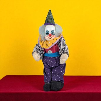 Vintage Polka Dot Stripes Clown Doll, Thailand, Porcelain Head, 10.5 Inch Height, Collectible Clown Decor, Whimsical Gift
