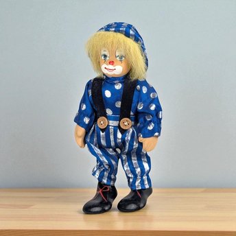 Small Clown Doll, Porcelain Face and Limbs, Blue Polka Dot Outfit, Collectible Display Doll, Whimsical Home Decor, Gift for Clown Lovers