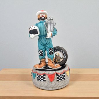Flambro Emmett Kelley "With a Little Bit of Luck" Music Box, Clown Figurine, Racing Theme, 7 Inches, Collectible Music Box, Working Music
