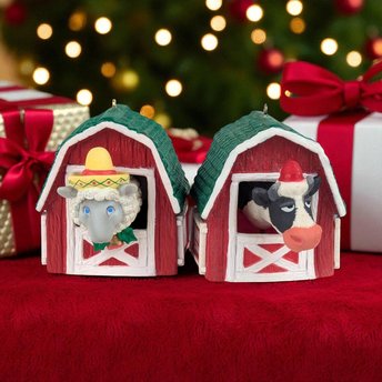 Vintage Enesco Bobblehead Ornaments: Cow & Sheep - Dairy Christmas