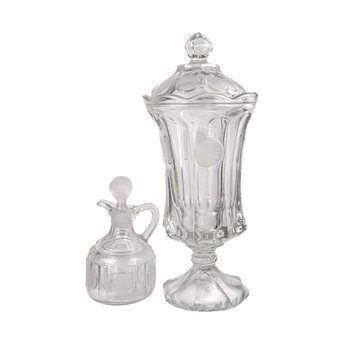 Vintage Fostoria Coin Covered Urn and Cruet Set, Crystal Glass, 13" Height, Decorative Set, Gift for Collector