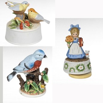 Vintage Spring Music Boxes & Bluebird Figurine | Porcelain Girl with Cat, Bisque Birds, Ceramic Bluebird | Decorative Collectibles