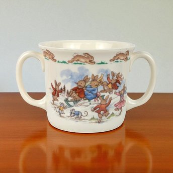 Vintage Royal Doulton Bunnykins Sledding Two Handled Mug, Children's Gift, Collectible Bunnykins Mug, Christening Gift, Nursery Decor