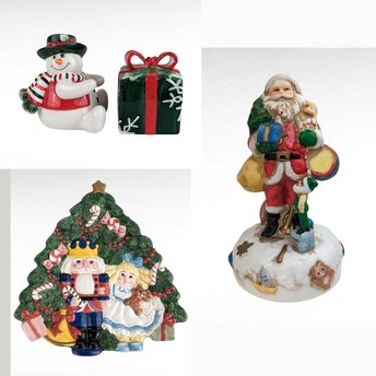 Vintage Christmas Decor Lot, Fitz and Floyd Nutcracker Platter, Musical Santa, Snowman Salt & Pepper