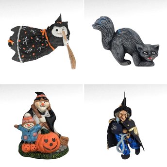 Vintage Halloween Decor Lot - Handmade Witch Wall Hanging, Ceramic Witch Tealight Holder, Black Cat Figurine, Witch Ornament with Snake