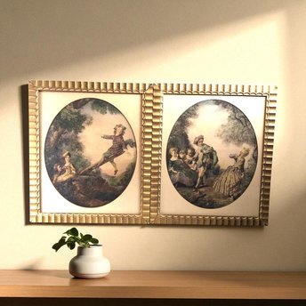 Pair of 1940s Framed Nicolas Lancret Prints, Rococo Art, "The Seesaw" & "Dropping the Hankie," Vintage Wall Decor, French Art Prints