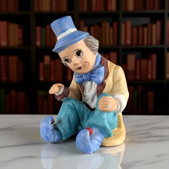 Vintage UCAGCO Ceramic Clown Figurine, Sitting Clown with Blue Hat, Made in Japan