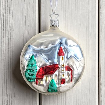 Vintage Blown Glass Ornament with Church Scene