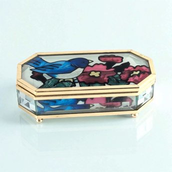 Vintage Joan Baker Designs Jewelry Box, Hand Painted Glass Trinket Box, Bluebird and Flowers, Collectible Box, Gift for Her