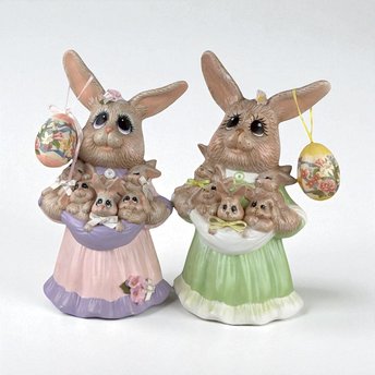 Vintage Pair of Ceramic Mother Rabbit with Babies Easter Figures | Easter Decor | Spring Decor | Bunny Figurines | Collectible Figurines