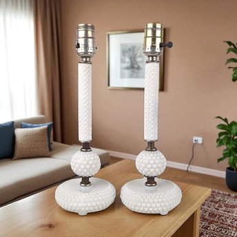 Vintage Pair of Milk Glass Lamps | Mid-Century Modern Lamps | Hobnail Milk Glass | Bedroom Lamps | Nightstand Lamps