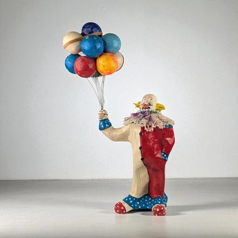 Vintage Paper Mache Clown Figure with Balloons, 16" Tall, Whimsical Decor, Collectible Clown, Gift for Clown Collectors, Carnival Decor