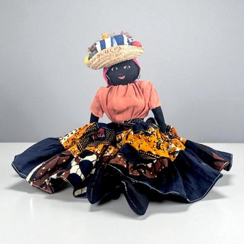 Vintage 17" Jamaican Folk Art Doll with Handcrafted Fabric Dress, Straw Hat, Collectible Caribbean Souvenir, Gift for Doll Collectors