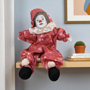 Vintage 18" Porcelain Clown Doll with Moon & Sun Outfit, Hand-Painted Face, Made in China, Decorative Collectible