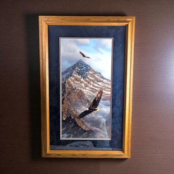 Vintage Framed "On Freedom's Wing" Kelley Print, Eagles & Mountain Landscape, Signed Art, Large Wall Decor