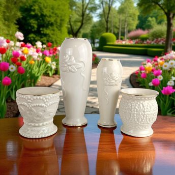 Vintage Lenox Vase Set | Rosebud Collection Cream Vases with Gold Trim | Mismatched Beaded Votive Candle Holders | 4 Piece Lot