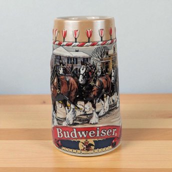 1986 Budweiser Holiday Stein: Clydesdale Horses Christmas Town Scene