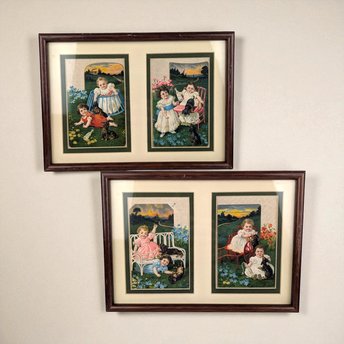 Vintage Sasparilla Advertising Cards: Children & Dogs Framed Wall Decor (Set of 2, 10.5x8")