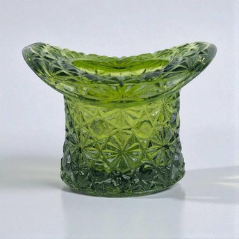 Vintage Green Glass Top Hat, Daisy and Button Pattern Glass, Mid Century Toothpick Holder or Match Striker, Novelty Art Glass Decor