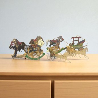 Vintage Brass Colored Metal Ornaments, Set of 7: Horse & Buggy, Rocking Horse
